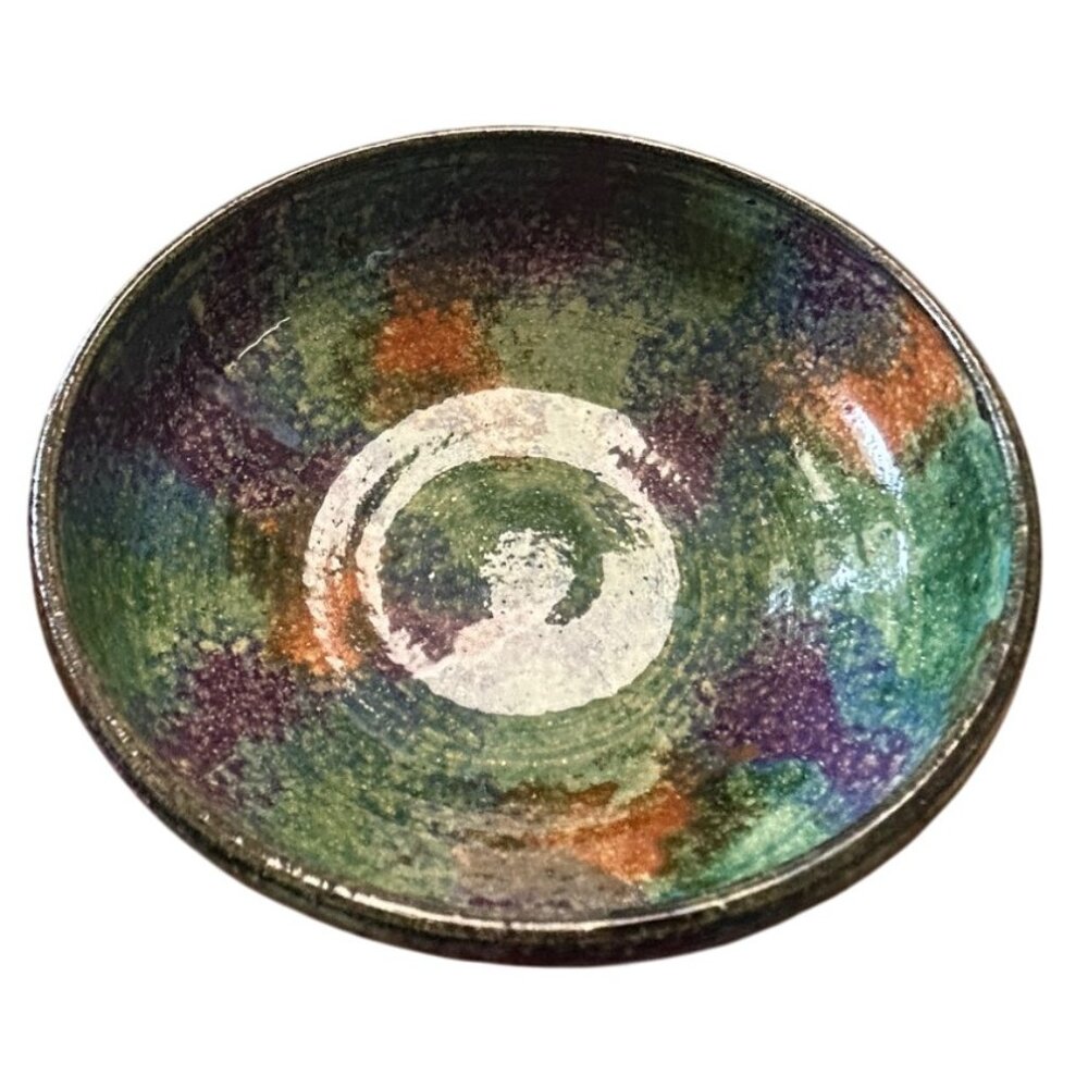 Handcrafted 2010 signed Malsnee Pottery Bowl Multicolor Glaze green purple orang